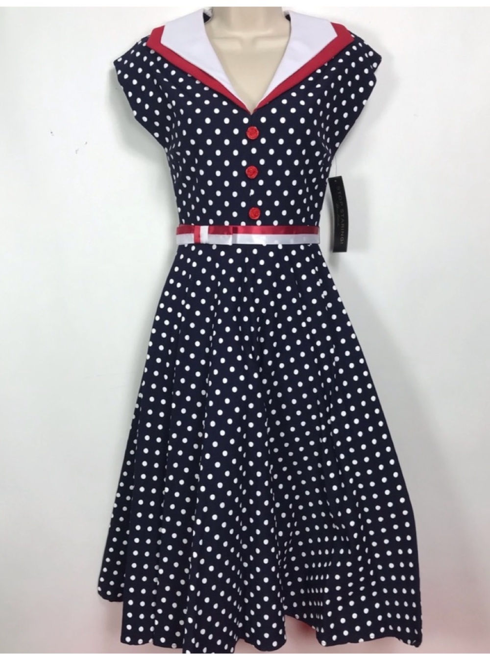 Stop Staring Navy Polka Dot Sailor Dress with Red Trim